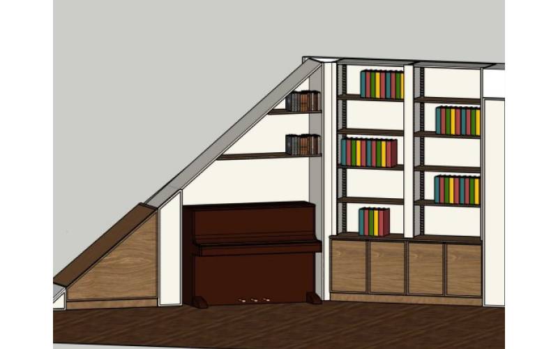 Bibliothèque sur mesure en bois laqué avec étagères finition Ara RoseWood de chez Decospan à Paris